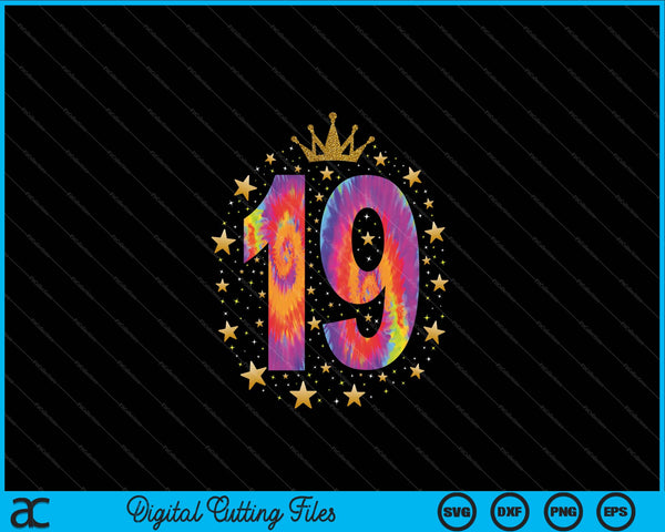 Colorido Tie Dye Número 19 años 19 cumpleaños SVG PNG Cortar archivos imprimibles