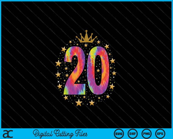Colorido Tie Dye Número 20 años 20 cumpleaños SVG PNG Cortar archivos imprimibles