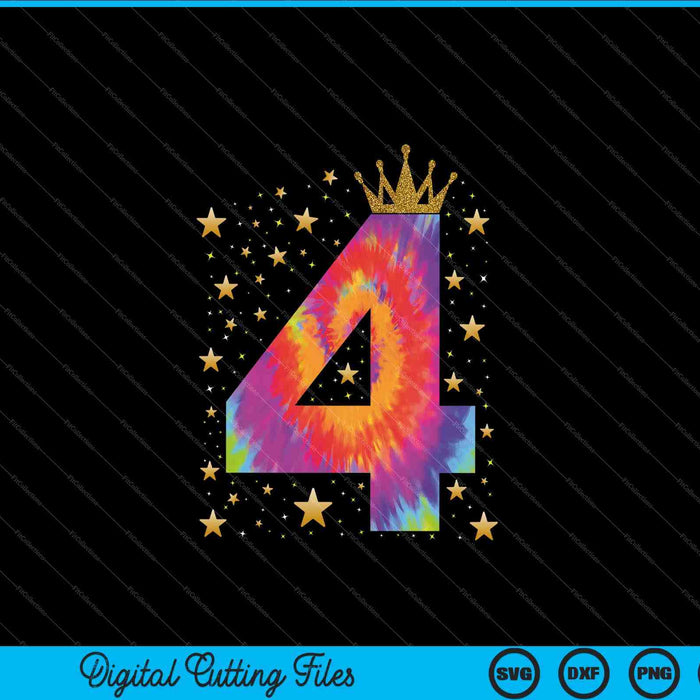 Colorido Tie Dye Número 4 Años Niñas 4to Cumpleaños SVG PNG Cortar Archivos Imprimibles