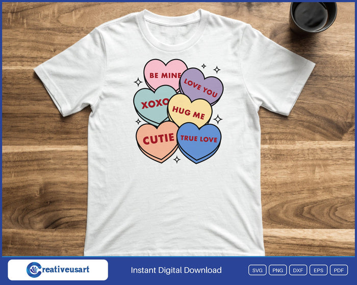 Conversation Hearts Be Mine design printed on a white t-shirt