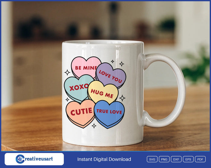 Conversation Hearts Be Mine design on a white coffee mug