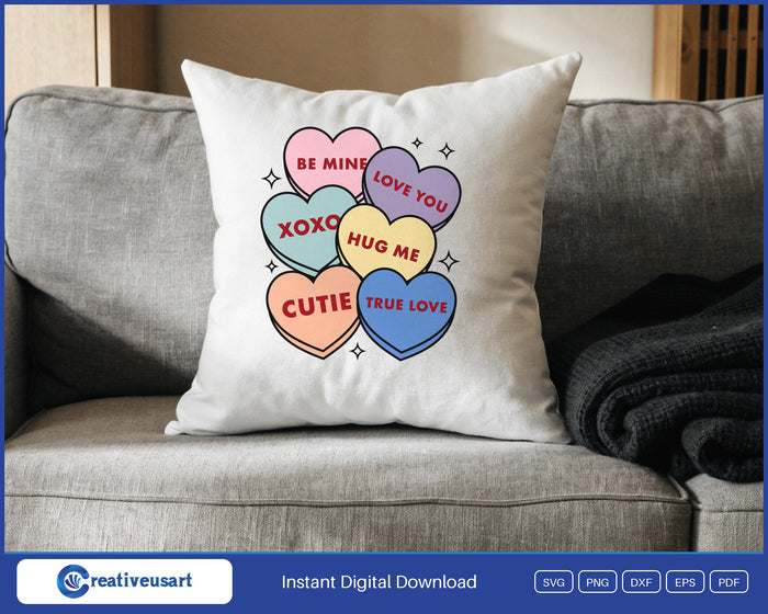 Conversation Hearts Be Mine design on a white throw pillow