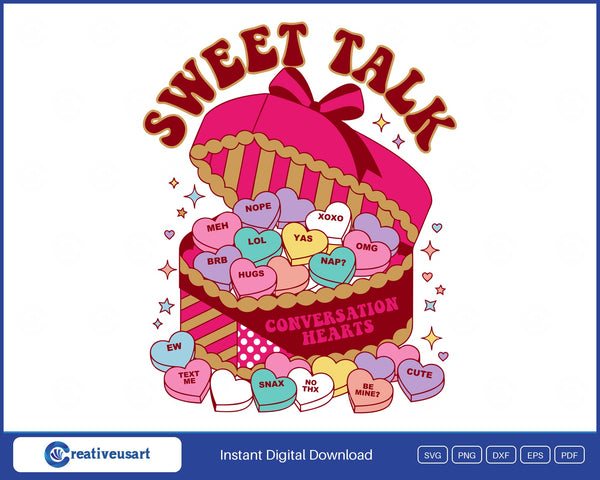 Funny Conversation Hearts SVG, vintage candy box overflowing with pastel hearts reading NOPE, XOXO, MEH, YAS and more