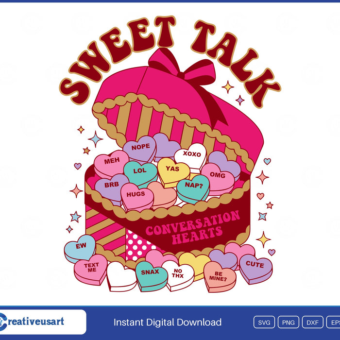 Funny Conversation Hearts SVG, vintage candy box overflowing with pastel hearts reading NOPE, XOXO, MEH, YAS and more