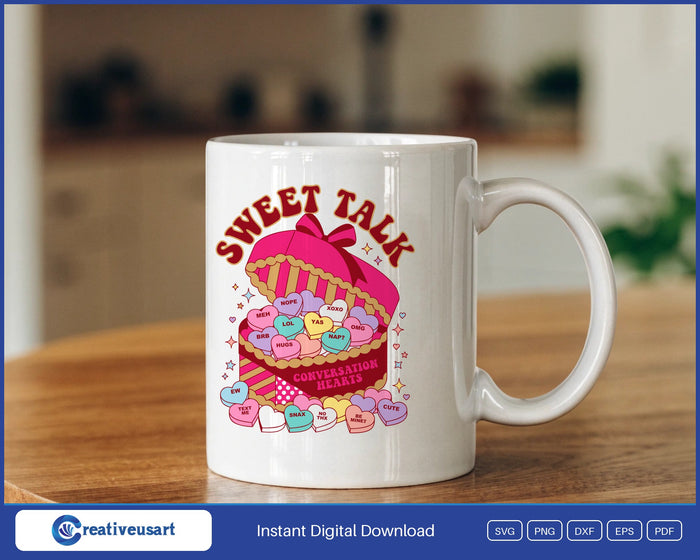 Funny Conversation Hearts Sweet Talk candy box design on a white coffee mug