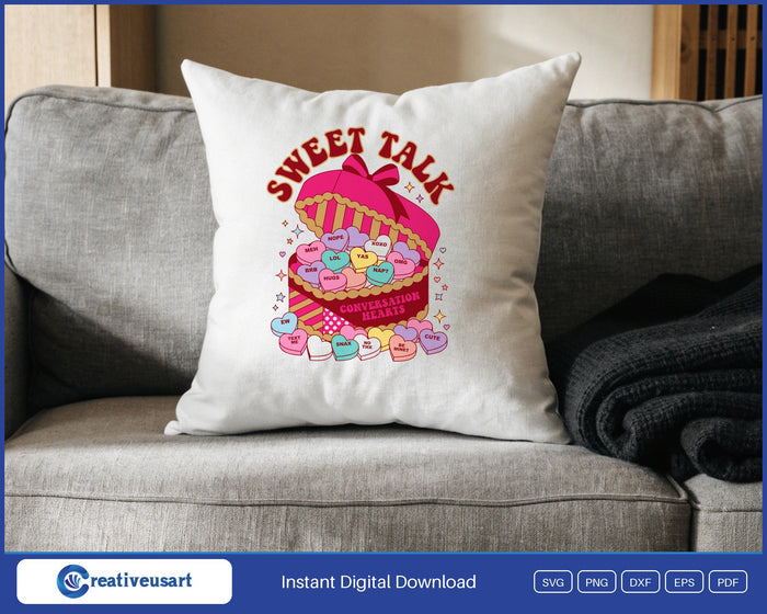 Funny Conversation Hearts Sweet Talk candy box design on a white throw pillow