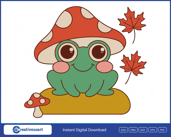 Cottagecore Frog With Mushroom Hat Fall Leaves SVG - Cottagecore frog with mushroom hat design