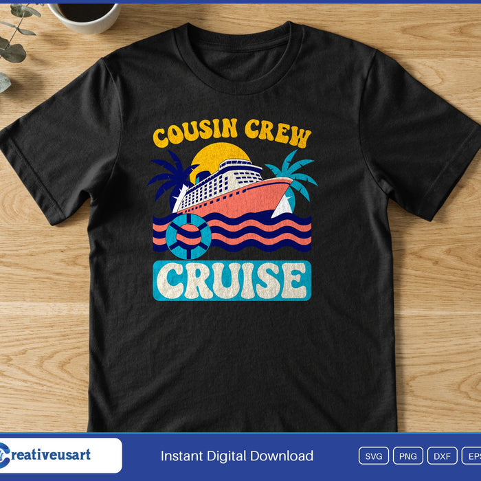 A cruise ship over waves and palm trees between the words Cousin Crew and Cruise, on a black t-shirt