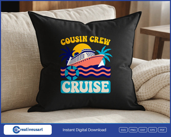 Cousin Crew Cruise matching family SVG design on a black throw pillow
