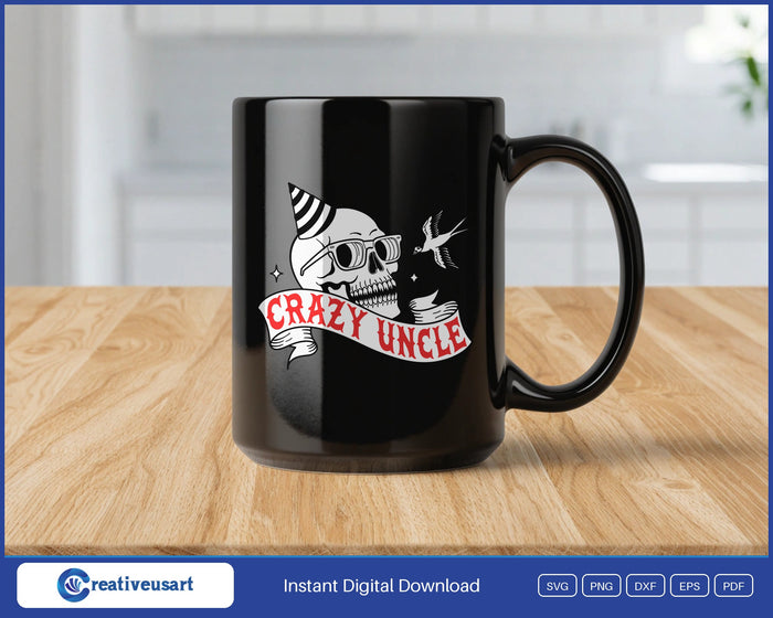 Crazy Uncle tattoo flash skull SVG design on a black coffee mug