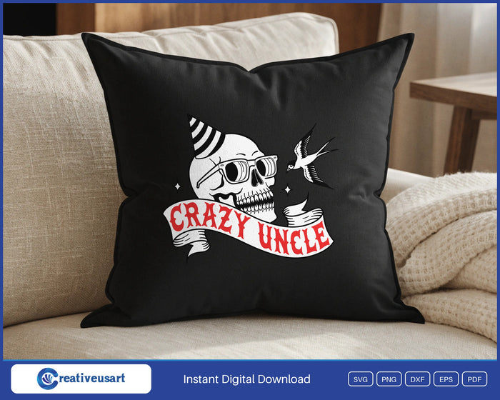 Crazy Uncle tattoo flash skull SVG design on a black throw pillow