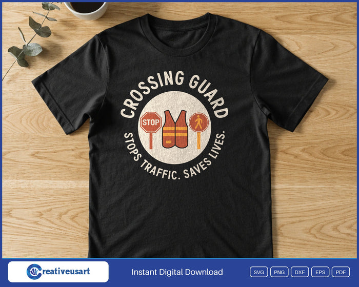 Crossing Guard SVG printed on a black t-shirt