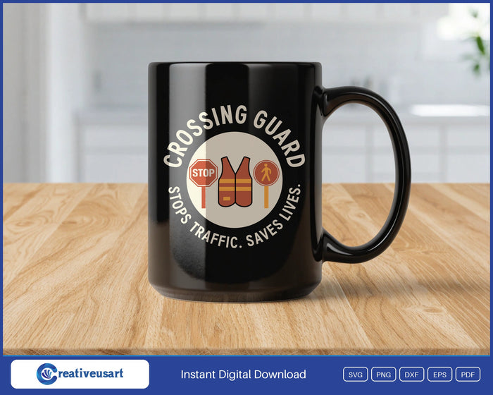 Crossing Guard SVG design on a black coffee mug