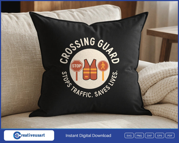 Crossing Guard SVG design on a black throw pillow