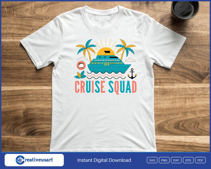 Cruise ship sailing into a sunset with palm trees, a life ring and an anchor around Cruise Squad lettering, family vacation SVG on white background