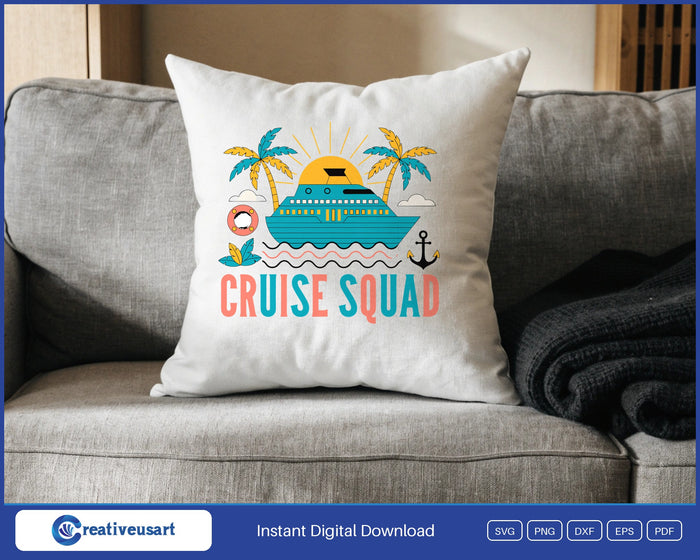 Cruise ship sailing into a sunset with palm trees, a life ring and an anchor around Cruise Squad lettering, family vacation SVG on white background