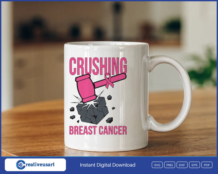 Crushing Breast Cancer Sledgehammer SVG design on a white coffee mug