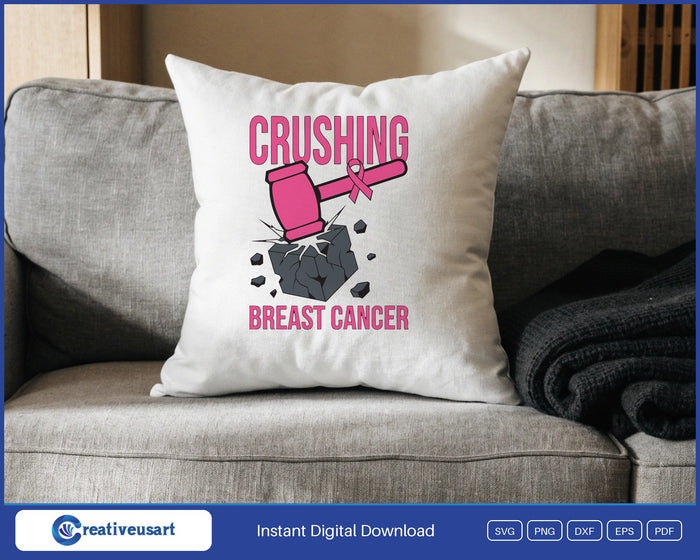 Crushing Breast Cancer Sledgehammer SVG design on a white throw pillow