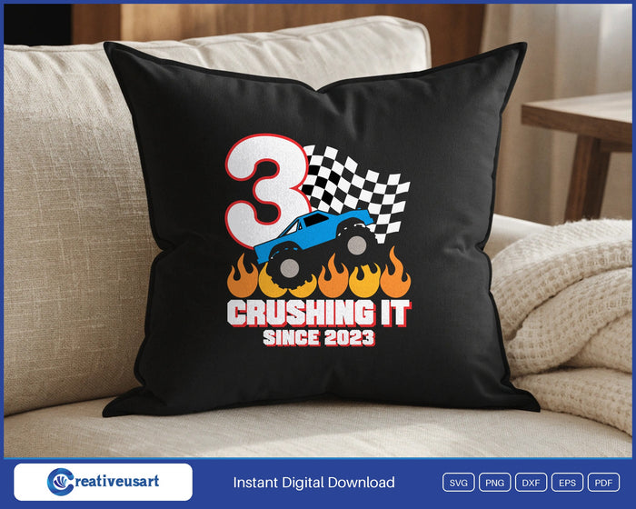 Crushing It Since 2023 monster truck 3rd birthday SVG design on a black throw pillow