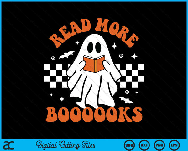 Read more booooks with a ghost reading a book on a checkerboard, teacher Halloween SVG