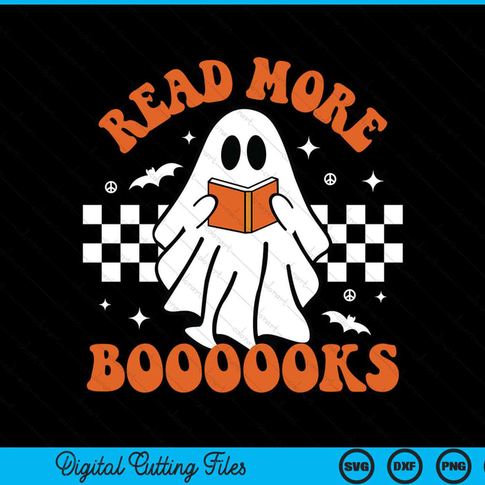 Read more booooks with a ghost reading a book on a checkerboard, teacher Halloween SVG