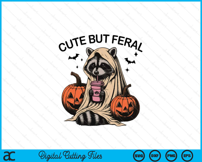Cute But Feral Halloween Raccoon Loves Coffee SVG PNG Digital Printable Files