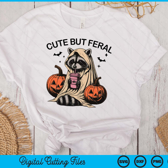 Cute But Feral Halloween Raccoon Loves Coffee SVG PNG Digital Printable Files