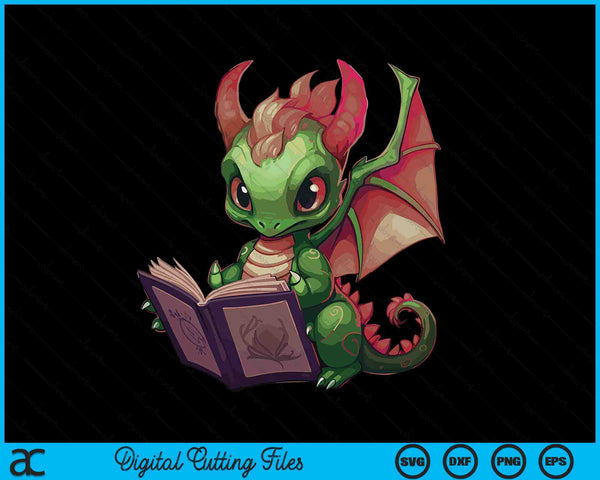 Cute Dragon Reading Book SVG PNG Digital Cutting Files