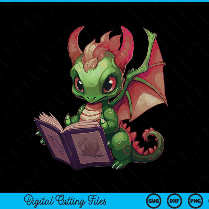 Cute Dragon Reading Book SVG PNG Digital Cutting Files