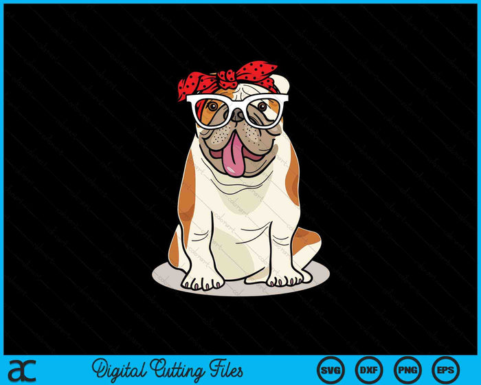 Cute English Bulldog Xmas Red Plaid Headband And Glasses SVG PNG Digital Cutting Files