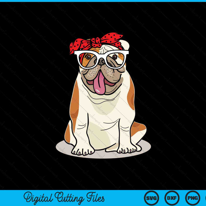 Cute English bulldog Xmas red plaid headband and glasses SVG PNG cut file for Cricut