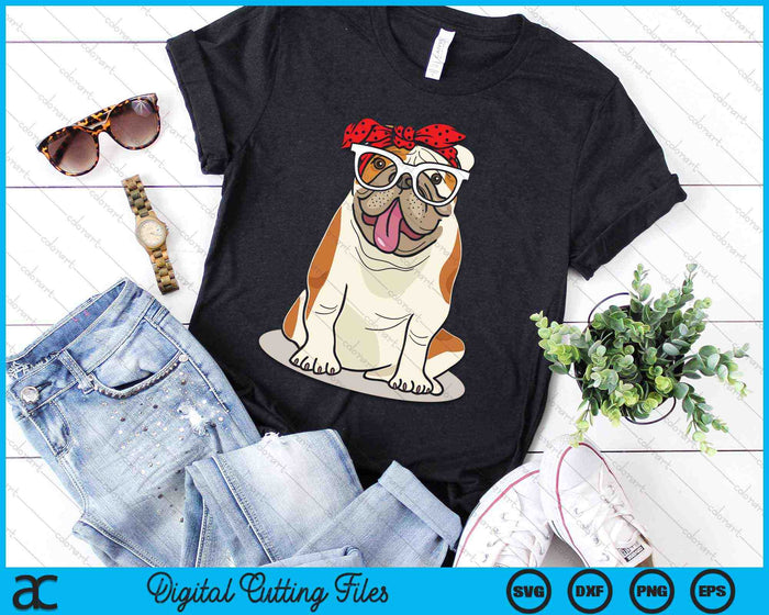 Cute English Bulldog Xmas Red Plaid Headband And Glasses SVG PNG Digital Cutting Files