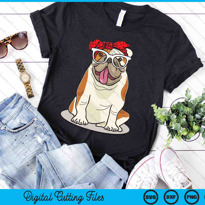 Schattige Engelse Bulldog Xmas rode geruite hoofdband en bril SVG PNG digitale snijbestanden