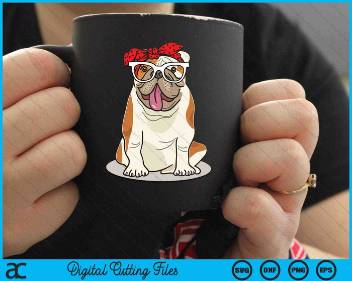 Cute English Bulldog Xmas Red Plaid Headband And Glasses SVG PNG Digital Cutting Files