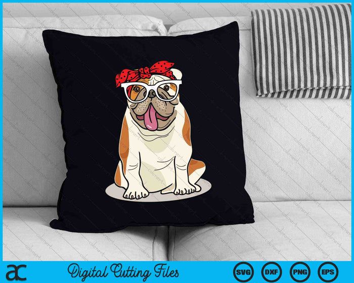 Cute English Bulldog Xmas Red Plaid Headband And Glasses SVG PNG Digital Cutting Files