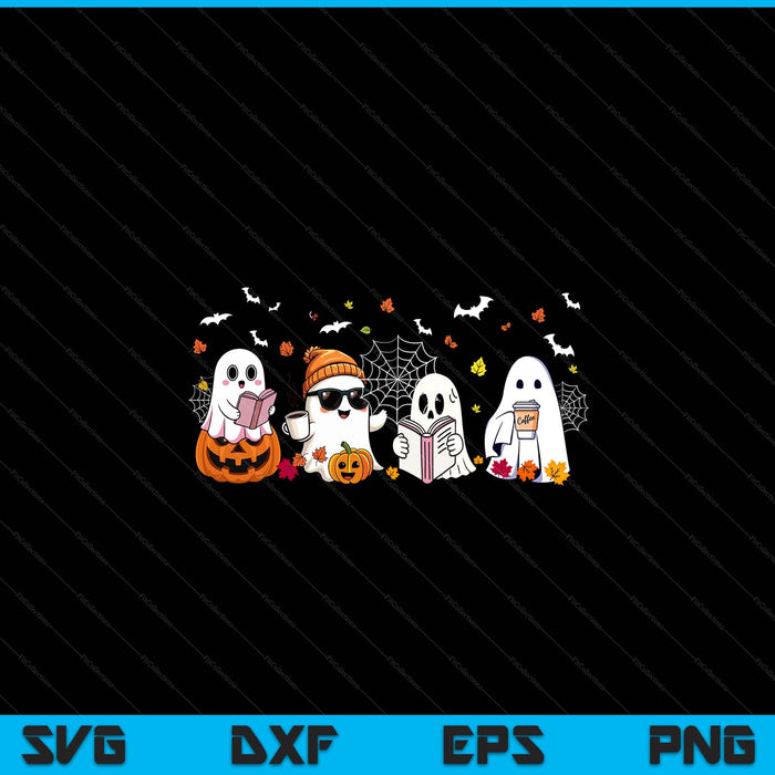 Row of cute ghosts with pumpkins and bats, fall Halloween SVG