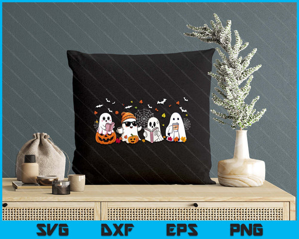 Cute Ghost Drinking Coffee Halloween Fall Ghost Book Reading SVG PNG Digital Cutting File