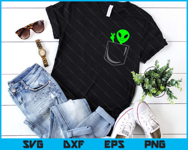 Schattige kleine Alien In Pocket Peace Sign Universe UFO SVG PNG digitale snijbestanden