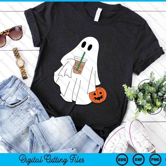 Schattige kleine geest drinken koffie Halloween Spooky seizoen SVG PNG digitale snijbestanden