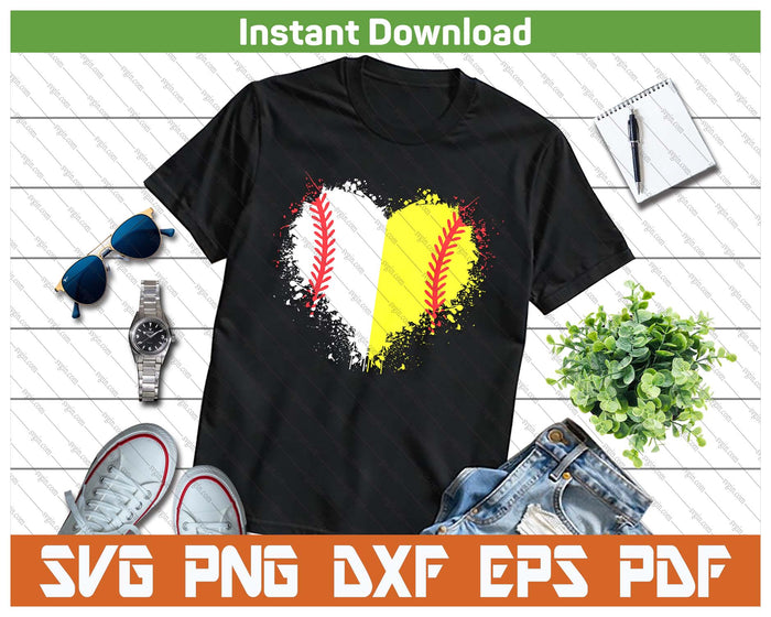 Cute Outlined Baseball Softball Heart Love SVG PNG Digital Printable Files