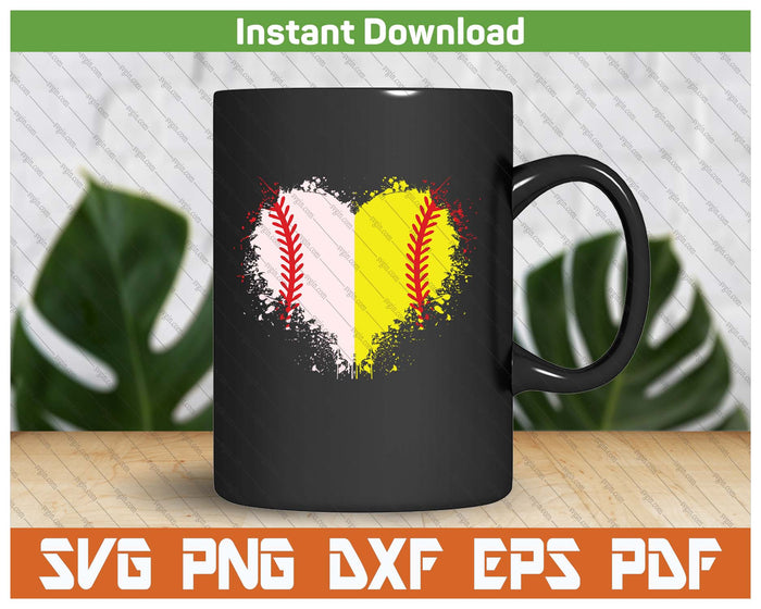 Cute Outlined Baseball Softball Heart Love SVG PNG Digital Printable Files