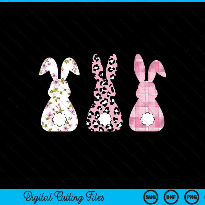 Cute Pink Leopard Plaid Flower Happy Easter Bunny Rabbit SVG PNG Digital Printable Files