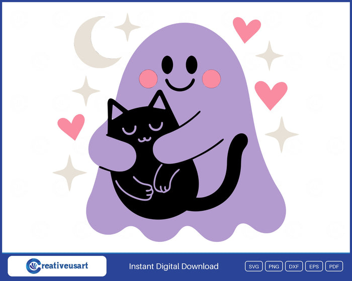 Cute Ghost Hugging Black Cat Halloween SVG - Cute ghost hugging black cat