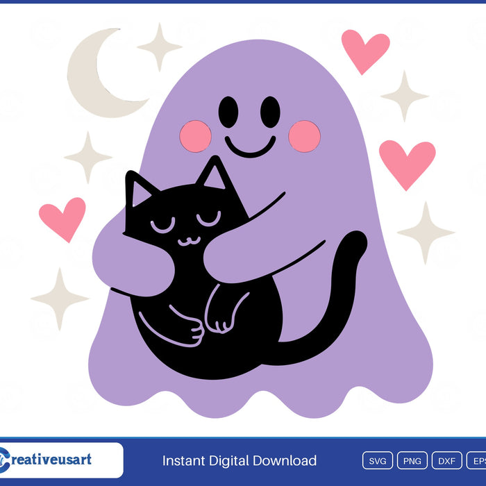 Cute Ghost Hugging Black Cat Halloween SVG - Cute ghost hugging black cat