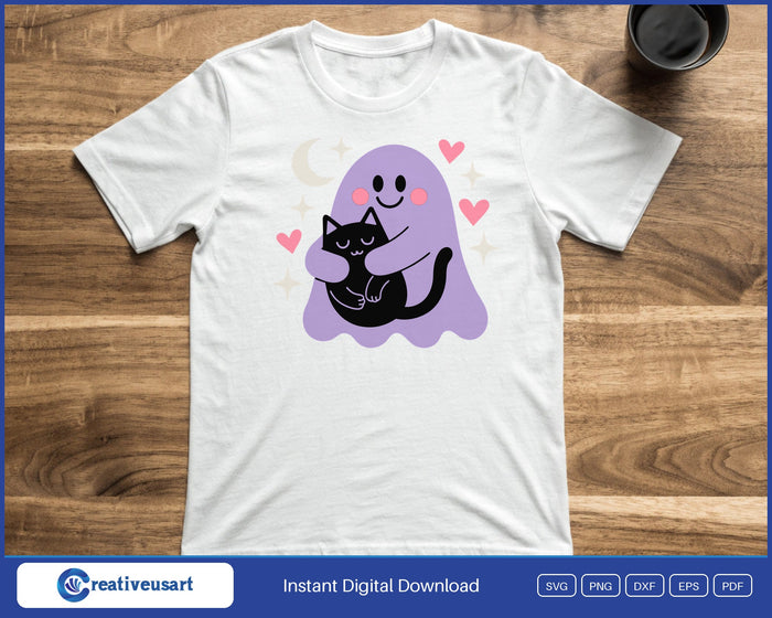 Cute ghost hugging black cat SVG design shown on a t-shirt