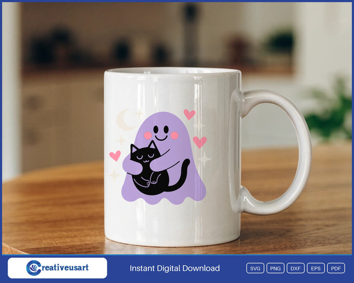Cute ghost hugging black cat SVG design on a mug