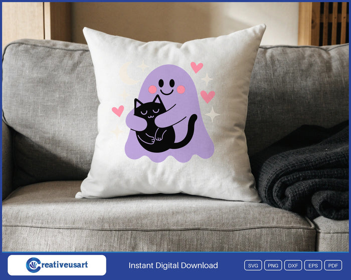Cute ghost hugging black cat SVG design on a throw pillow