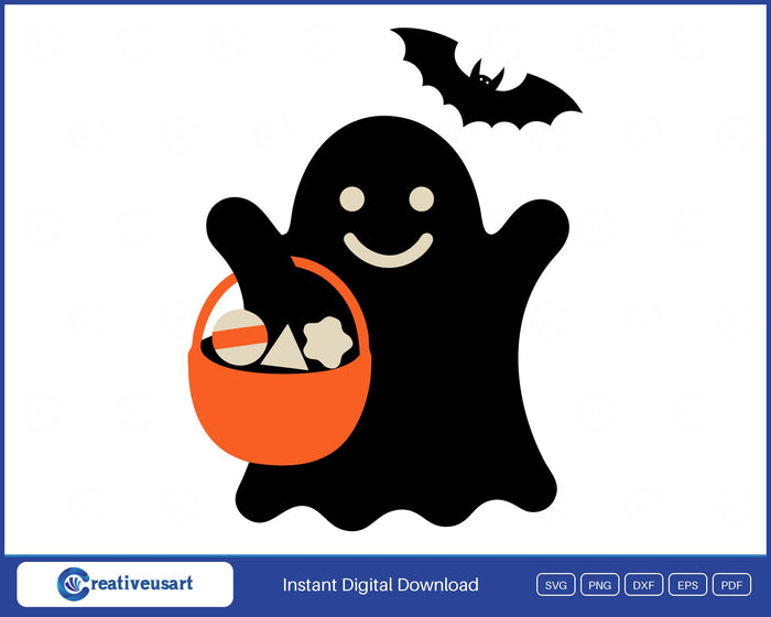 Trick or treat ghost with candy bucket Halloween SVG design on white background