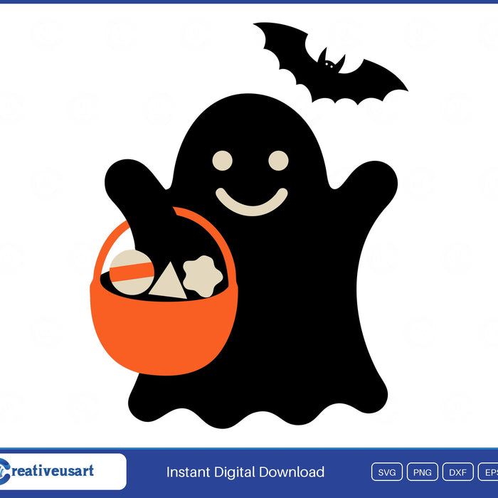 Trick or treat ghost with candy bucket Halloween SVG design on white background