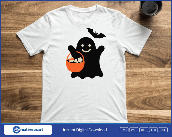 Trick or treat ghost with candy bucket Halloween SVG printed on a white t-shirt